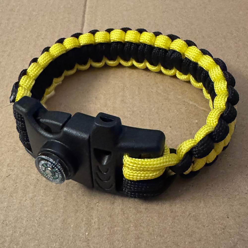 New Emergency Survival Bracelet with Whistle and Compass, Yellow and Black